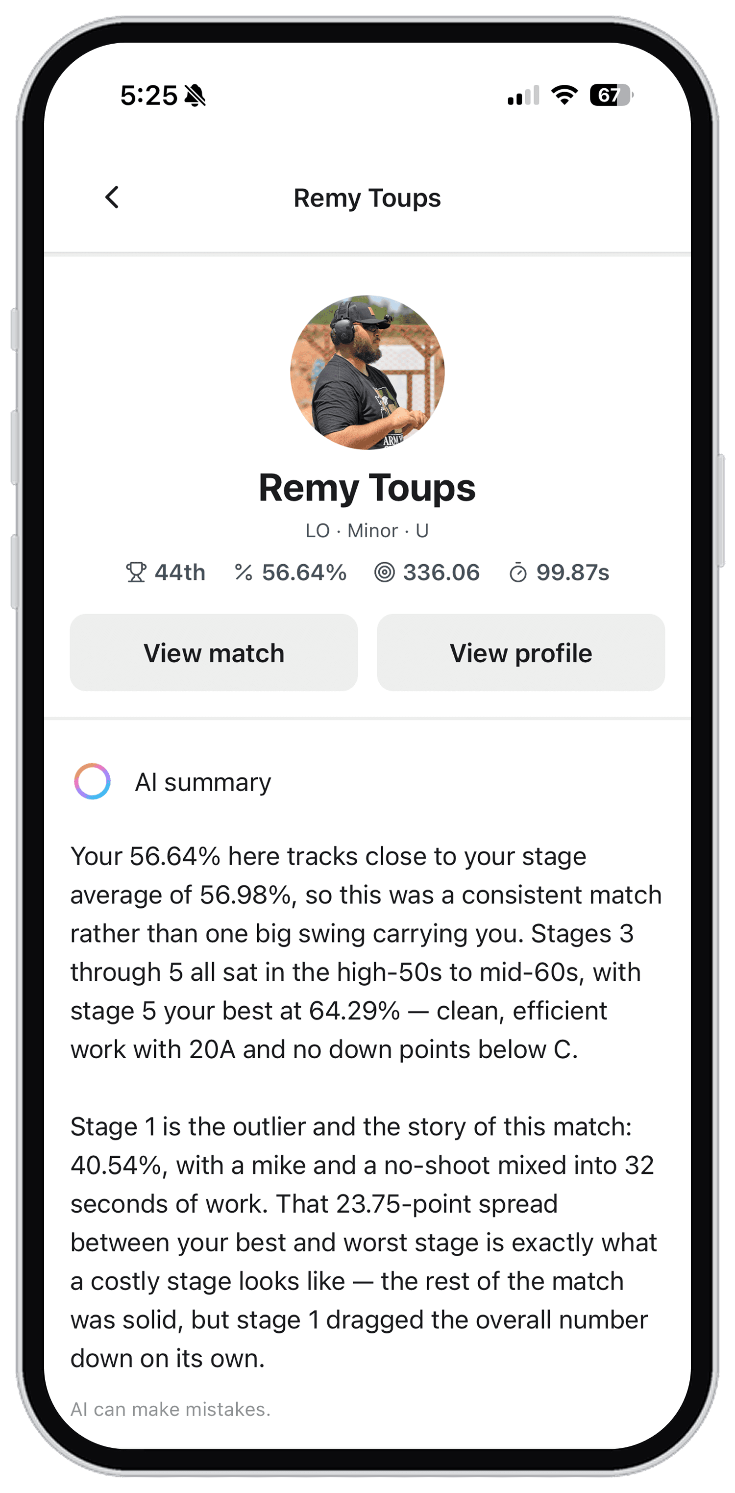 An AI-written summary of a shooter's match result, explaining their consistent stages and the one stage that dragged the match down