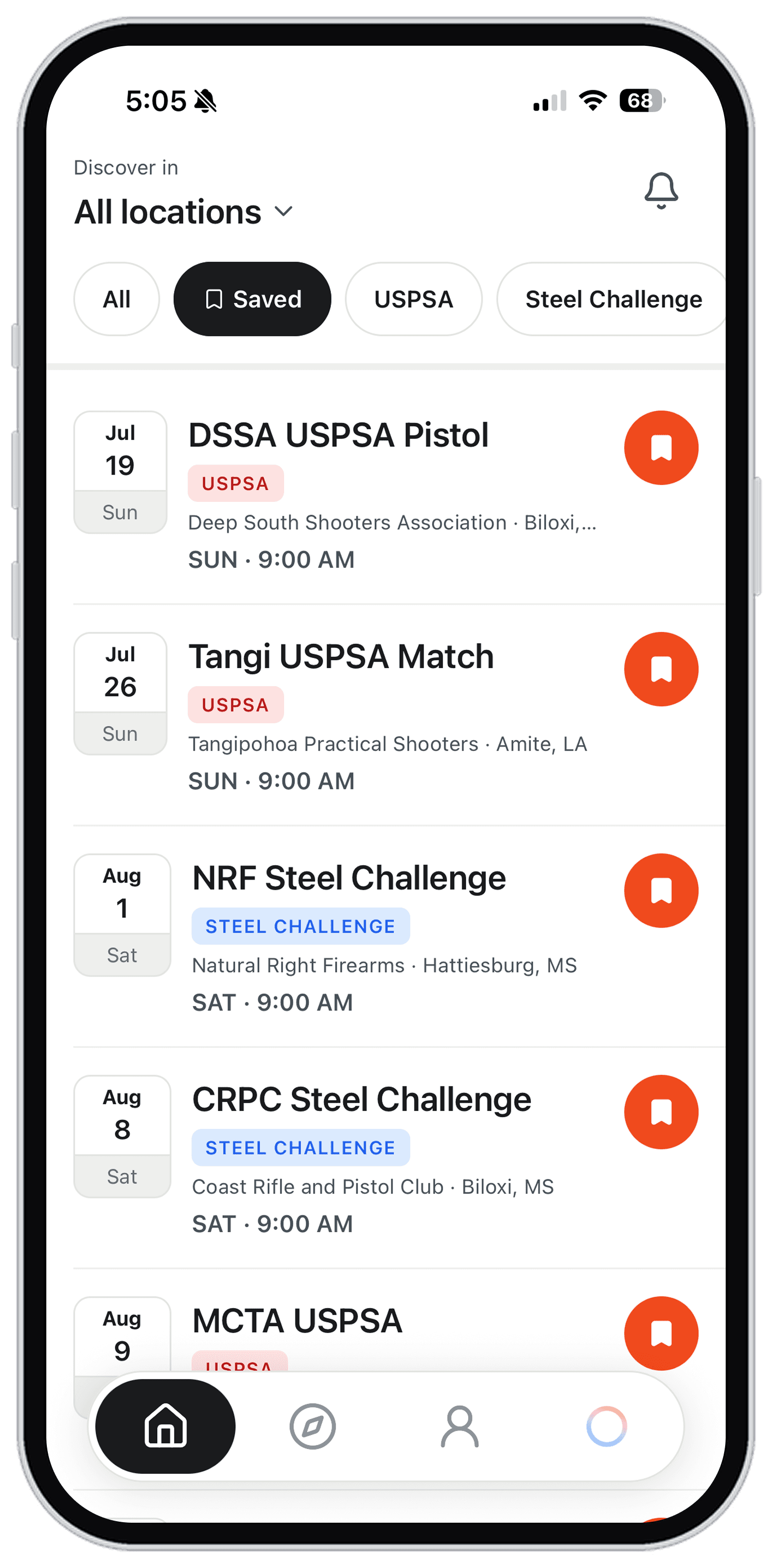 The Shooters Club home feed, showing upcoming USPSA and Steel Challenge matches with saved-match filters