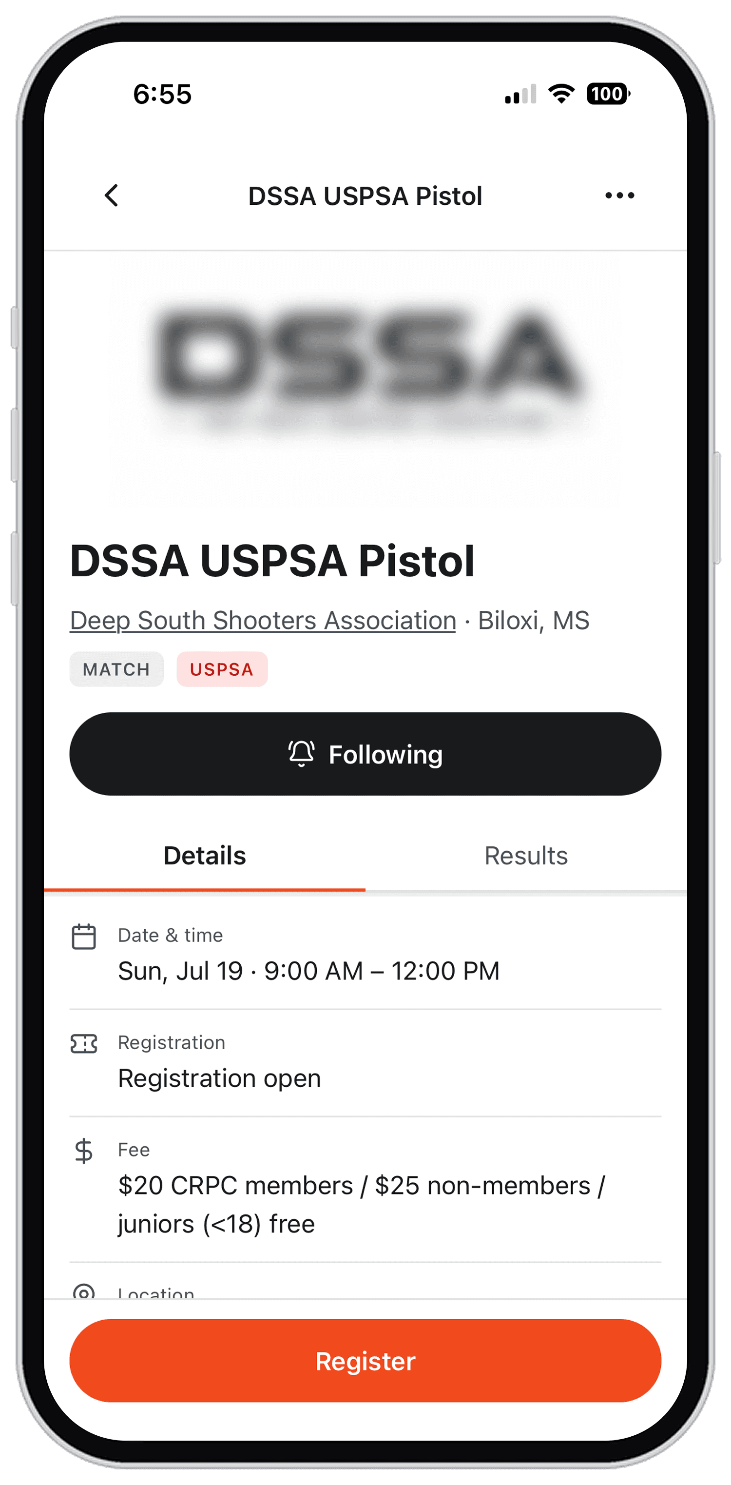 A match detail page, showing the date, registration status, fee, and a follow button