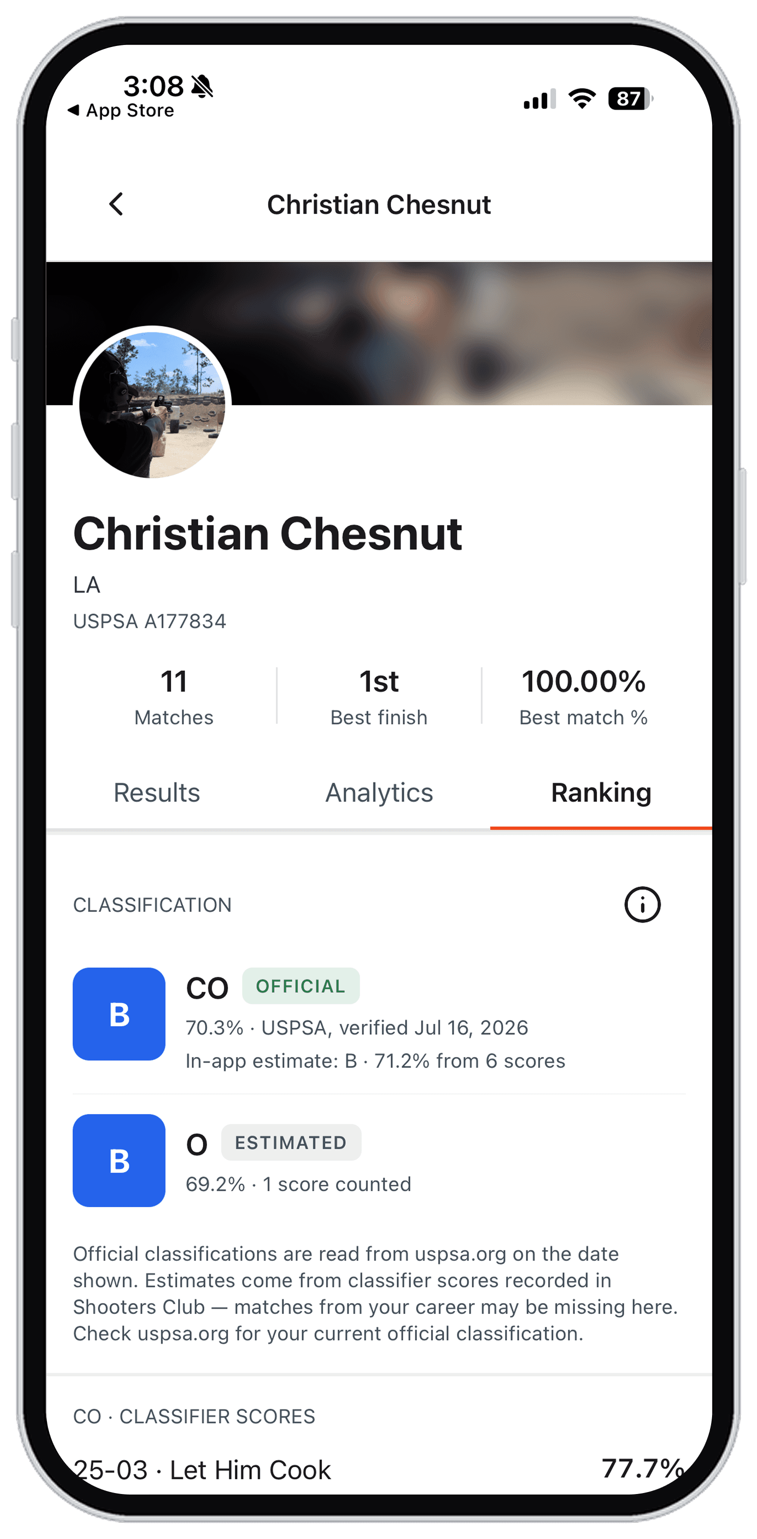 The ranking tab, showing official and estimated USPSA classification per division